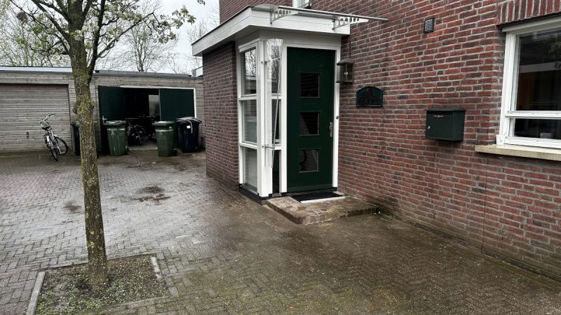 Een huis met een groene deur en een boom ervoor.